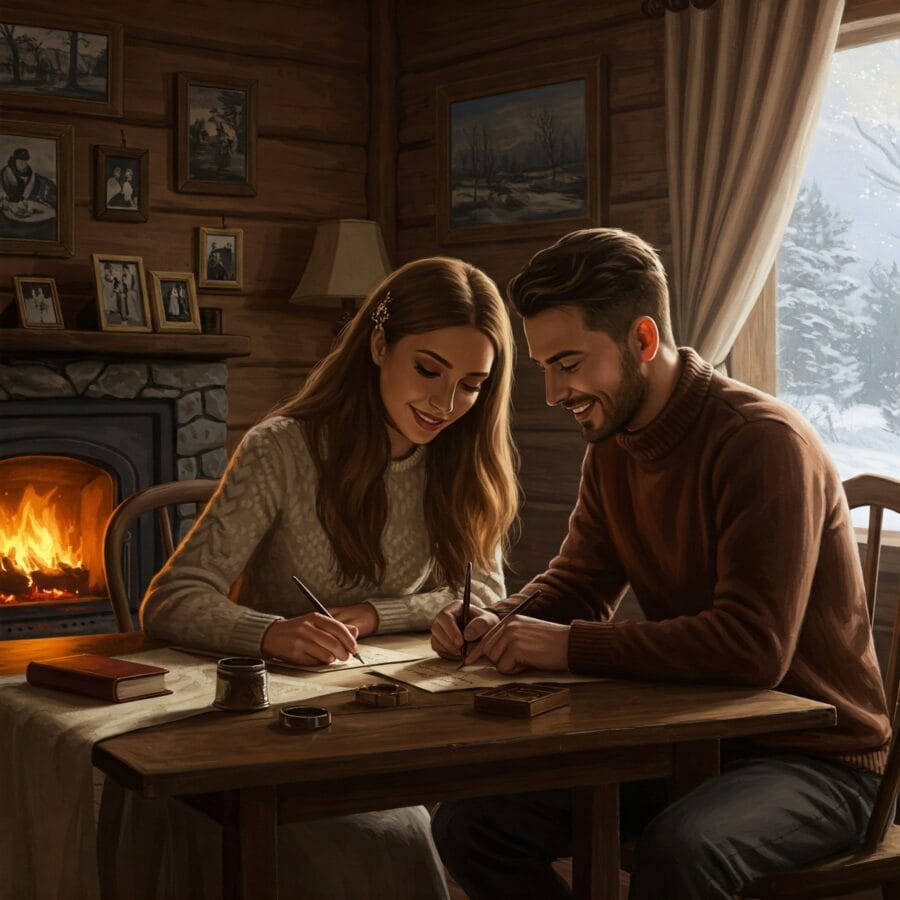 Pareja escribiendo carta de amor juntos a la luz de las velas. Ambiente romántico, mesa de madera, luz cálida. Creando momentos especiales en pareja.